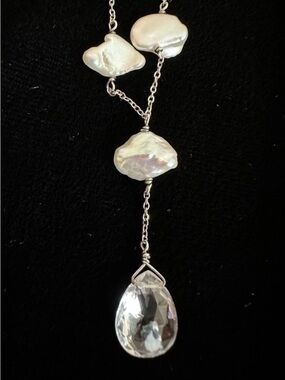 Natural fresh water Keshi pearl & crystal sterling silver chain drop necklace